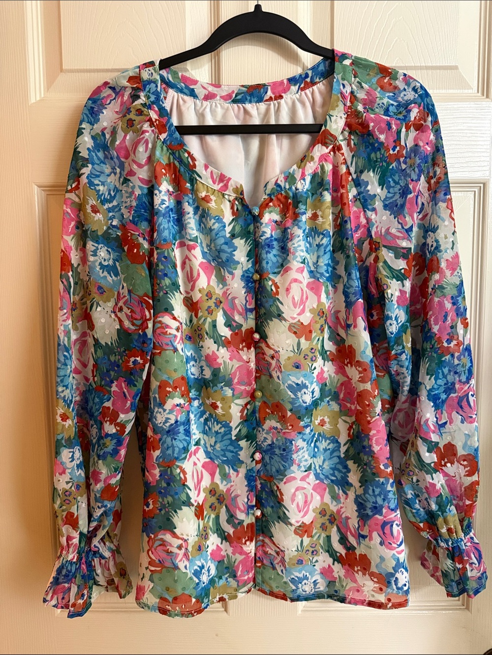 Source Unknown Floral Button-Front Blouse in Pink, Blue, Green, Red